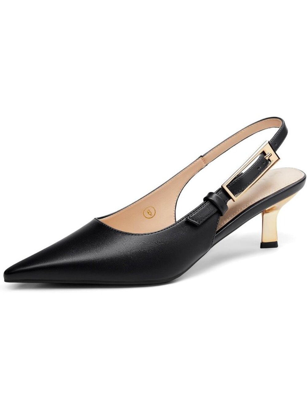 Women's Black Pu Slingback Kitten Heels Closed Pointed Toe Buckle Strap Pumps